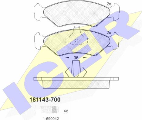 Icer 181143-700 - Тормозные колодки, дисковые, комплект autospares.lv