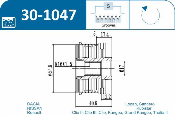 IJS GROUP 30-1047 - Шкив генератора, муфта autospares.lv