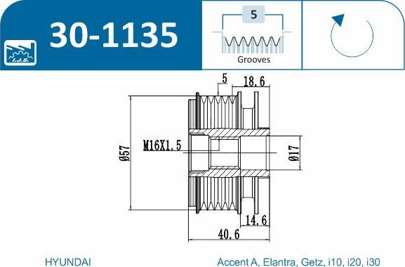 IJS GROUP 30-1135 - Шкив генератора, муфта autospares.lv