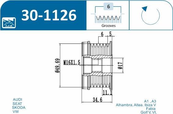 IJS GROUP 30-1126 - Шкив генератора, муфта autospares.lv