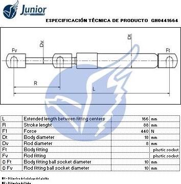 JUNIOR GH0441664 - Газовая пружина, упор autospares.lv