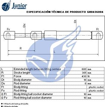 JUNIOR GH0436004 - Газовая пружина, упор autospares.lv