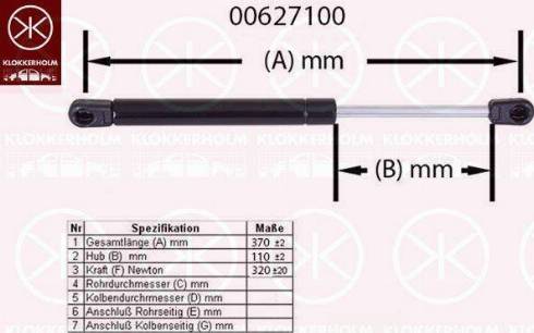 Klokkerholm 00627100 - Газовая пружина, упор autospares.lv