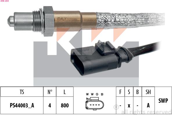 KW 498 250 - Лямбда-зонд, датчик кислорода autospares.lv