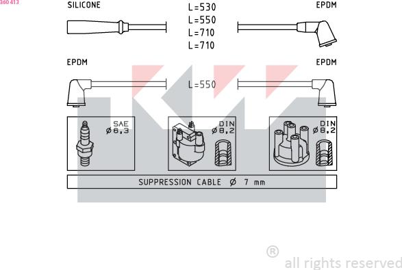 KW 360 413 - Комплект проводов зажигания autospares.lv