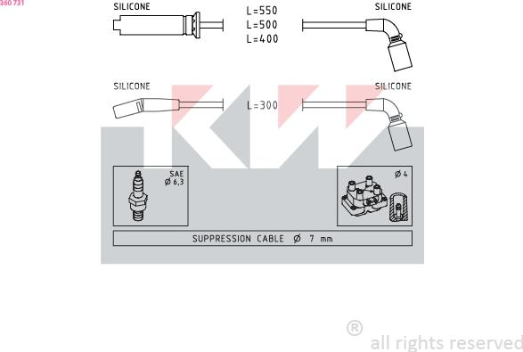 KW 360 731 - Комплект проводов зажигания autospares.lv