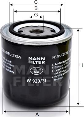 Mann-Filter W 920/31 - Масляный фильтр autospares.lv