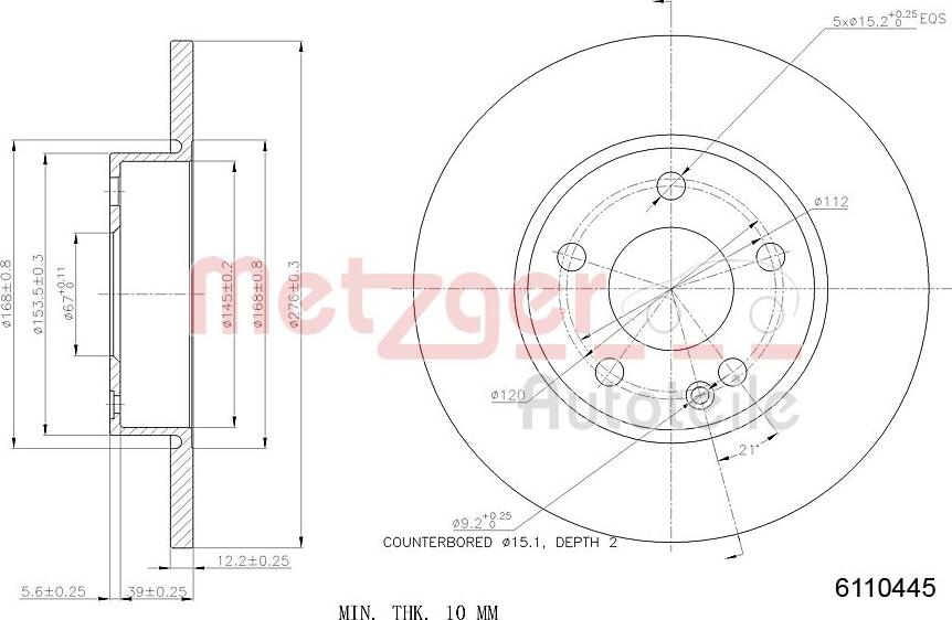 Metzger 6110445 - Тормозной диск autospares.lv