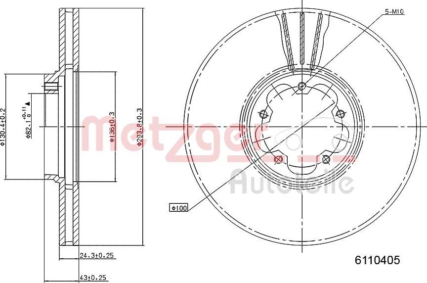 Metzger 6110405 - Тормозной диск autospares.lv