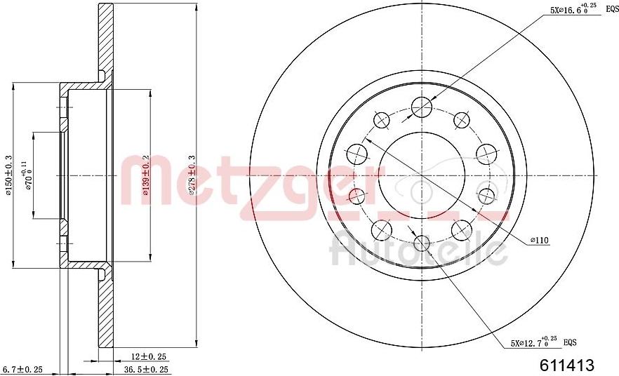 Metzger 6110413 - Тормозной диск autospares.lv