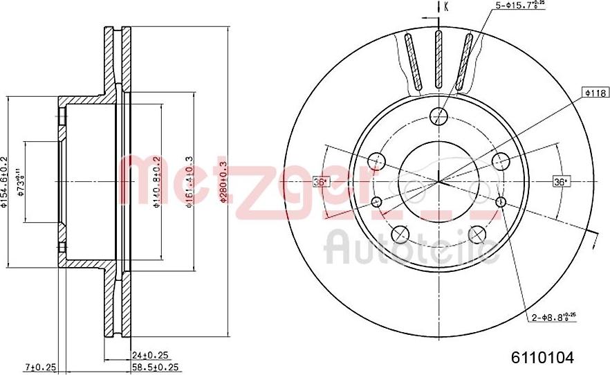 Metzger 6110104 - Тормозной диск autospares.lv