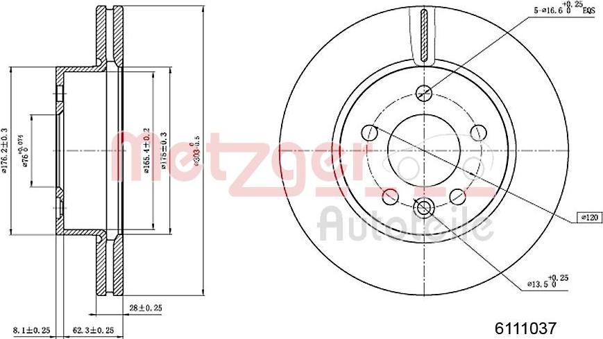 Metzger 6111037 - Тормозной диск autospares.lv