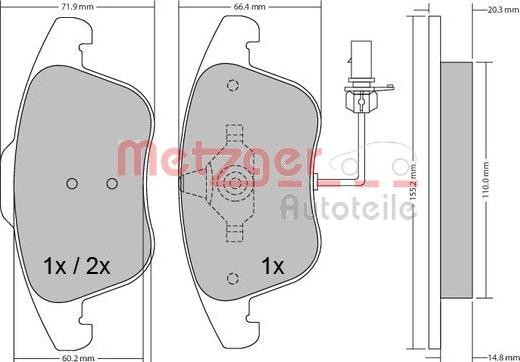 Metzger 1170156 - Тормозные колодки, дисковые, комплект autospares.lv