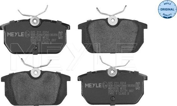 Meyle 025 211 0314 - Тормозные колодки, дисковые, комплект autospares.lv