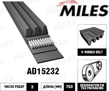 Miles AD15232 - Поликлиновой ремень autospares.lv