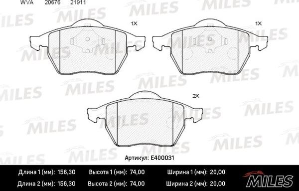 Miles E400031 - Тормозные колодки, дисковые, комплект autospares.lv