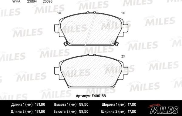 Miles E400158 - Тормозные колодки, дисковые, комплект autospares.lv