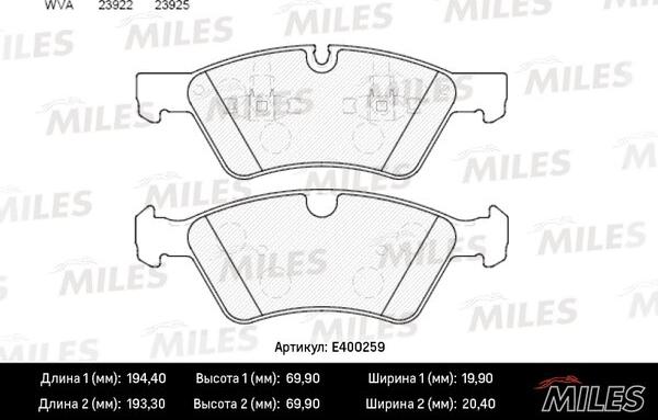 Miles E400259 - Тормозные колодки, дисковые, комплект autospares.lv