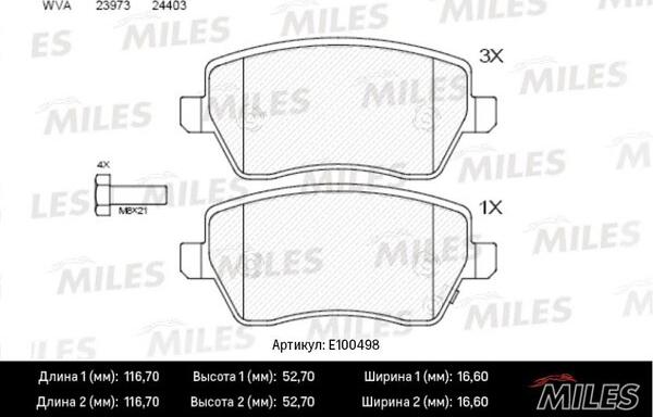 Miles E100498 - Тормозные колодки, дисковые, комплект autospares.lv