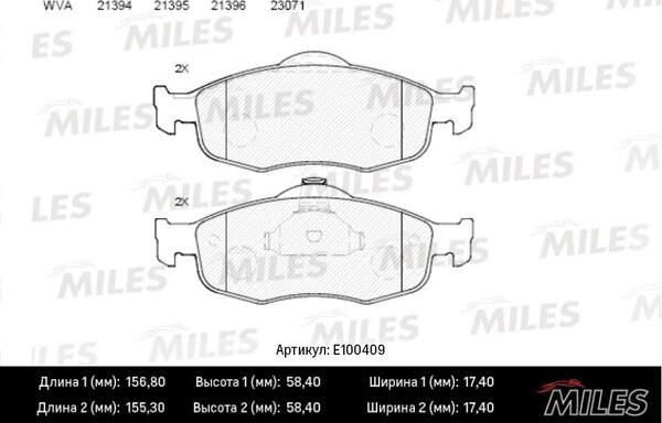 Miles E100409 - Тормозные колодки, дисковые, комплект autospares.lv