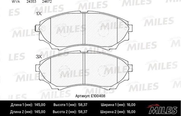 Miles E100408 - Тормозные колодки, дисковые, комплект autospares.lv