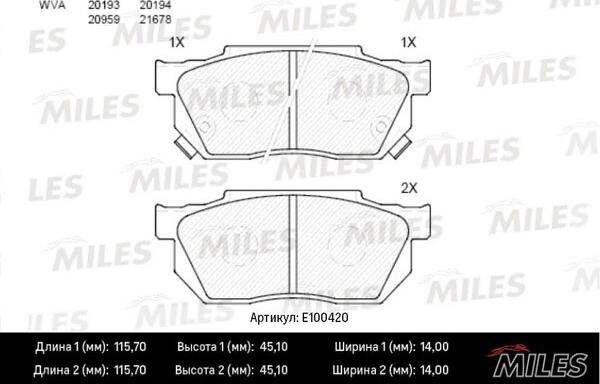 Miles E100420 - Тормозные колодки, дисковые, комплект autospares.lv