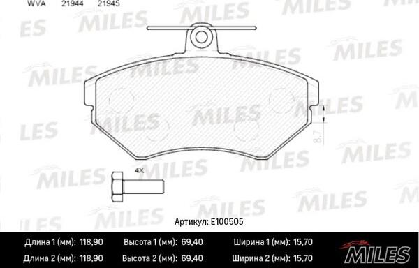 Miles E100505 - Тормозные колодки, дисковые, комплект autospares.lv