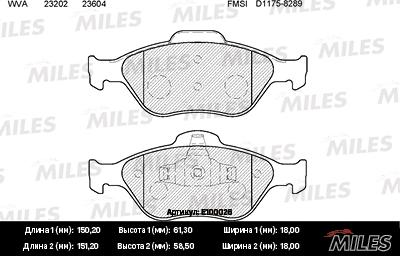 Miles E100026 - Тормозные колодки, дисковые, комплект autospares.lv