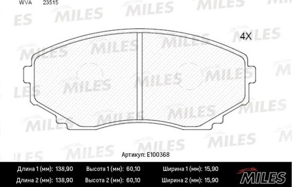 Miles E100368 - Тормозные колодки, дисковые, комплект autospares.lv