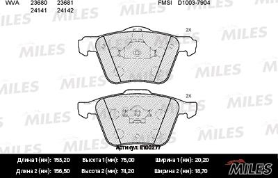 Miles E100277 - Тормозные колодки, дисковые, комплект autospares.lv