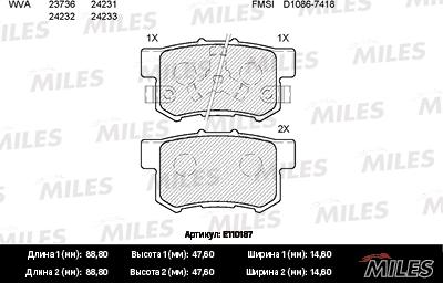 Miles E110187 - Тормозные колодки, дисковые, комплект autospares.lv