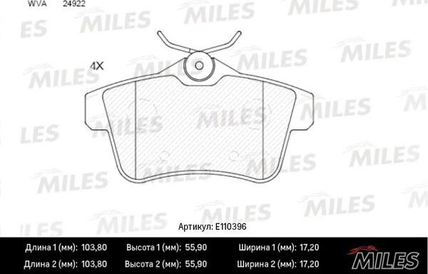 Miles E110396 - Тормозные колодки, дисковые, комплект autospares.lv