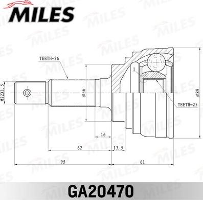 Miles GA20470 - Шарнирный комплект, ШРУС, приводной вал autospares.lv