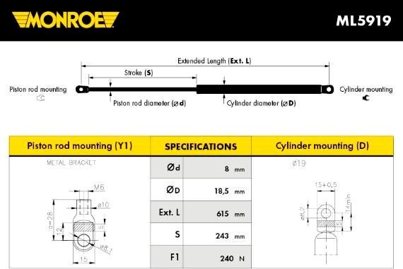 Monroe ML5919 - Газовая пружина, капот autospares.lv