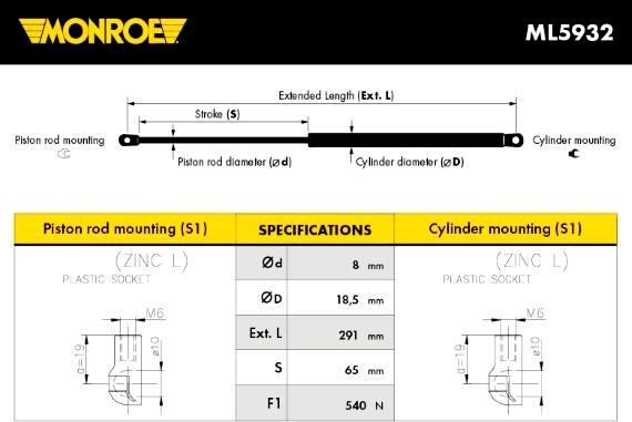 Monroe ML5932 - Газовая пружина, капот autospares.lv