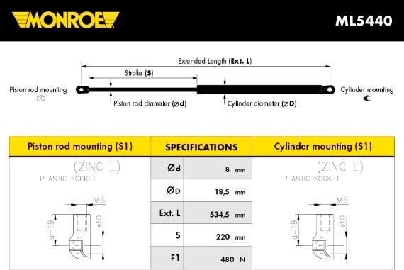 Monroe ML5440 - Газовая пружина, упор autospares.lv