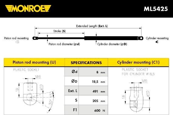 Monroe ML5425 - Газовая пружина, упор autospares.lv