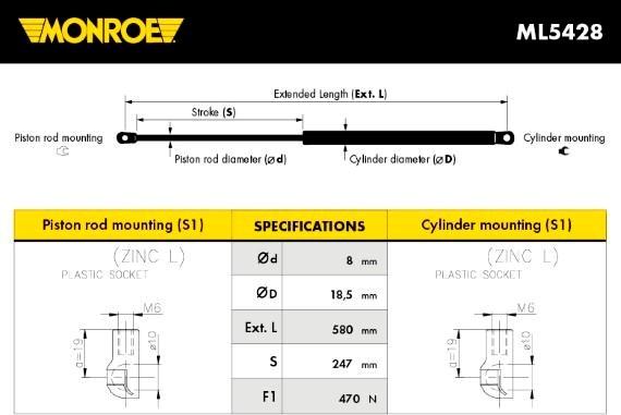 Monroe ML5428 - Газовая пружина, упор autospares.lv