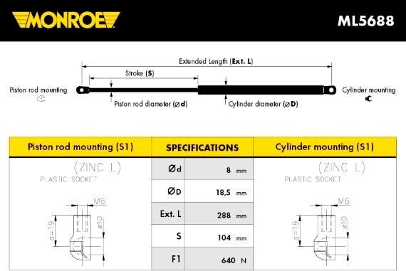 Monroe ML5688 - Газовая пружина, капот autospares.lv