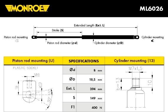 Monroe ML6026 - Газовая пружина, капот autospares.lv