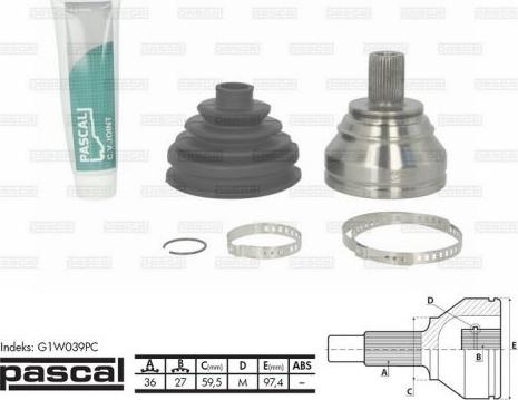 Pascal G1W039PC - Шарнирный комплект, ШРУС, приводной вал autospares.lv