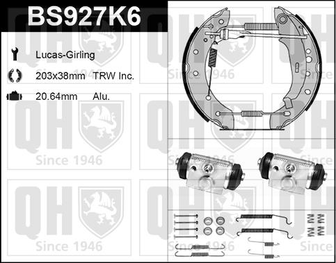 Quinton Hazell BS927K6 - Комплект тормозных колодок, барабанные autospares.lv