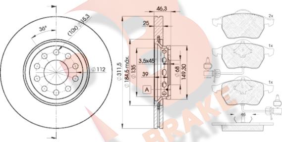 R Brake 3R13624065 - Дисковый тормозной механизм, комплект autospares.lv