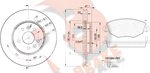 R Brake 3R13806767 - Дисковый тормозной механизм, комплект autospares.lv