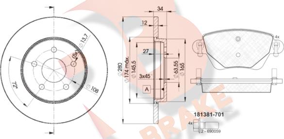 R Brake 3R13816768 - Дисковый тормозной механизм, комплект autospares.lv