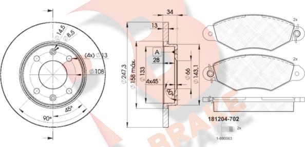 R Brake 3R12044298 - Дисковый тормозной механизм, комплект autospares.lv