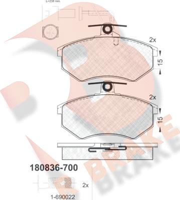 R Brake RB0836-700 - Тормозные колодки, дисковые, комплект autospares.lv