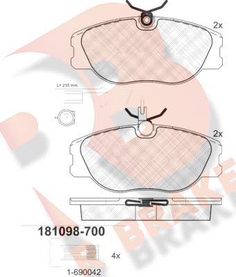 R Brake RB1098-700 - Тормозные колодки, дисковые, комплект autospares.lv