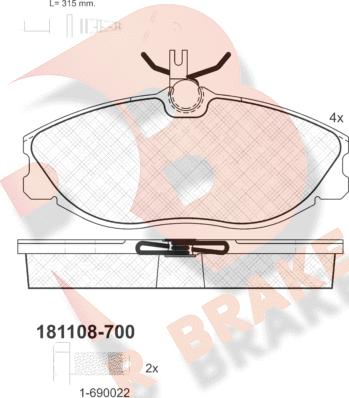 R Brake RB1108-700 - Тормозные колодки, дисковые, комплект autospares.lv