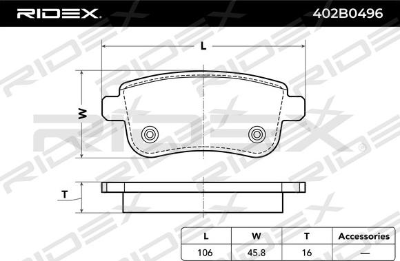 RIDEX 402B0496 - Тормозные колодки, дисковые, комплект autospares.lv